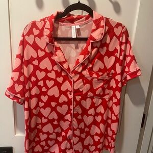 Red Heart Print Button-Up Shirt